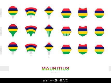 Collection of the Mauritius flag in different shapes and with three different effects. Vector flag set. Stock Vector