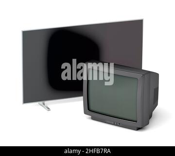 Old CRT tv and a new flat screen tv on white background Stock Photo