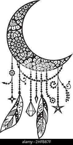 Mandala moon with feathers (Boho style) vector illustration Stock Vector