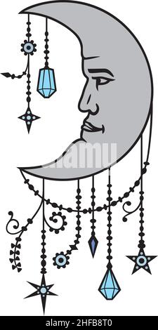 Moon or crescent in Boho style. Vector illustration. Stock Vector