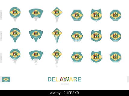 Collection of the Delaware flag in different shapes and with three different effects. Vector flag set. Stock Vector