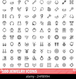 100 jewelry icons set. Outline illustration of 100 jewelry icons vector set isolated on white background Stock Vector