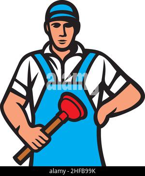 Plumber in uniform holding a plunger vector illustration Stock Vector