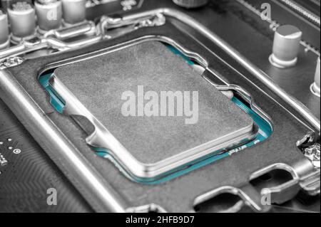 modern cpu, installed in motherboard, rising cost and shortage of chips concept, rising prices and shortage of microchip, chips, shortage of microproc Stock Photo