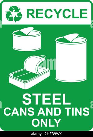 Recycle vector sign - steel cans and tins only. Vector illustration. Stock Vector