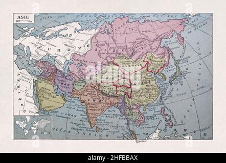 Old map of Asia printed in the French dictionary in 1889. It depicts the world at the dawn of the 20th century. Stock Photo