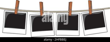 Photo frames hanging on rope with clothespins. Vector illustration ...