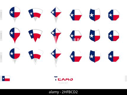 Collection of the Texas flag in different shapes and with three different effects. Vector flag set. Stock Vector