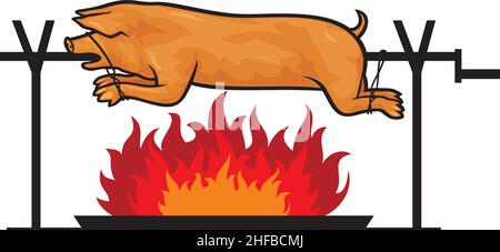 Roasted pig on a spit vector illustration Stock Vector