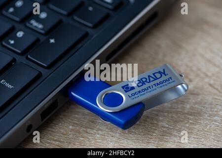Timisoara, Romania - October 16, 2021: Close-up of a Brady flash drive connected on a laptop Stock Photo