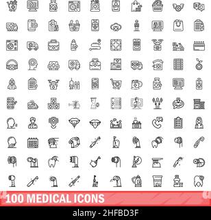 100 medical icons set. Outline illustration of 100 medical icons vector set isolated on white background Stock Vector
