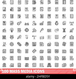 100 mass media icons set. Outline illustration of 100 mass media icons vector set isolated on white background Stock Vector