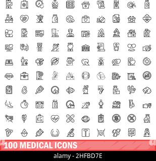 100 medical icons set. Outline illustration of 100 medical icons vector set isolated on white background Stock Vector
