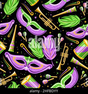 Vector Carnival Seamless Pattern, square repeating background with green decorative feathers, purple venice mask, musical instrument, isolated illustr Stock Vector