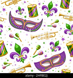 Vector Mardi Gras Seamless Pattern, square repeating background with decorative stars, purple venetian mask, street musical instruments, cut out illus Stock Vector