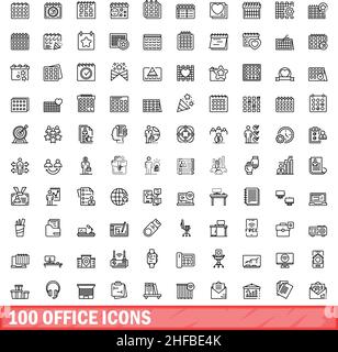 100 office icons set. Outline illustration of 100 office icons vector set isolated on white background Stock Vector