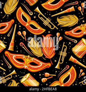 Vector Carnival Seamless Pattern, square repeating background with golden decorative feather, orange venice mask, musical instrument, isolated illustr Stock Vector