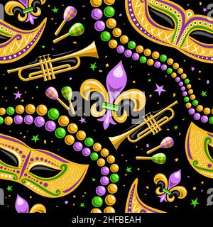 Vector Mardi Gras Seamless Pattern, square repeating background of cartoon mardi gras beads, yellow venice mask, musical instruments, cut out illustra Stock Vector