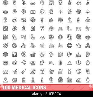 100 medical icons set. Outline illustration of 100 medical icons vector set isolated on white background Stock Vector