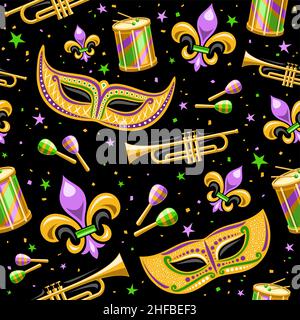 Vector Mardi Gras Seamless Pattern, square repeating background with decorative stars, yellow venice mask, street music instruments, cut out illustrat Stock Vector
