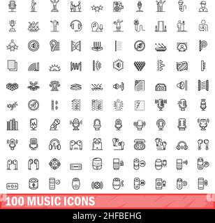 100 music icons set. Outline illustration of 100 music icons vector set isolated on white background Stock Vector