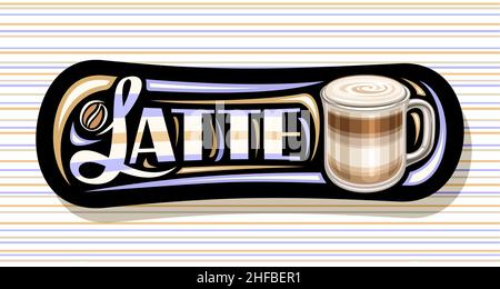 Vector banner for Latte Coffee, illustration of single clear mug with classic layered coffee drink and whipped milky foam, decorative voucher for coff Stock Vector