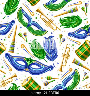 Vector Carnival Seamless Pattern, square repeating background with green decorative feathers, blue venice mask, musical instruments, isolated illustra Stock Vector