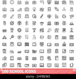 100 school icons set. Outline illustration of 100 school icons vector set isolated on white background Stock Vector