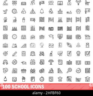 100 school icons set. Outline illustration of 100 school icons vector set isolated on white background Stock Vector