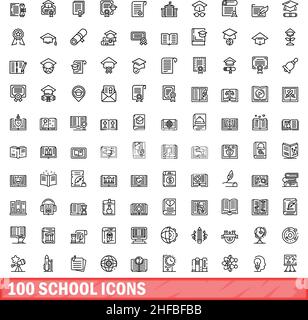 100 school icons set. Outline illustration of 100 school icons vector set isolated on white background Stock Vector