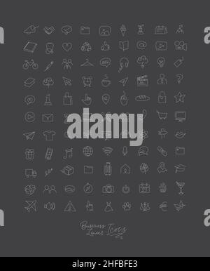 Minimalist linear icons for business drawing on black background. Stock Vector