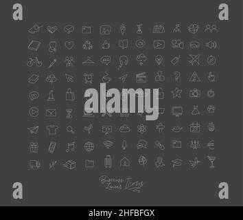 Minimalist linear icons for business drawing with white lines on black background. Stock Vector