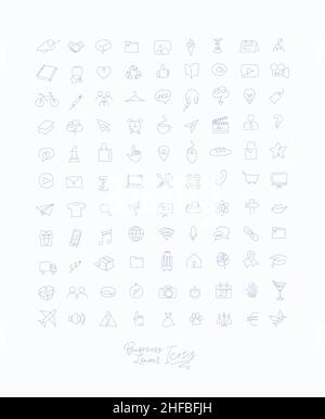 Minimalist linear icons for business drawing with blue lines on white background. Stock Vector