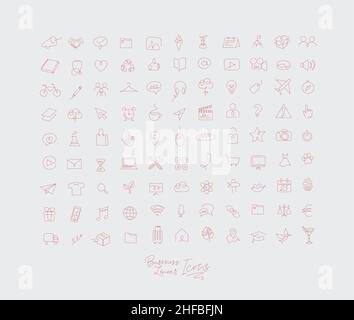 Minimalist linear icons for business drawing with red lines on white background. Stock Vector