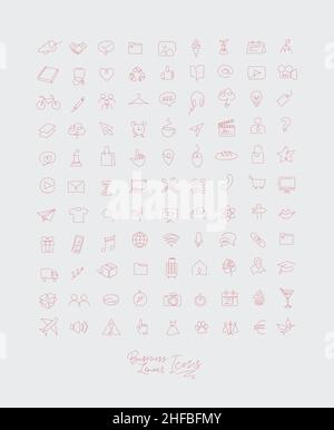 Minimalist linear icons for business drawing with red lines on white background. Stock Vector