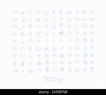 Minimalist linear icons for business drawing with blue lines on white background. Stock Vector