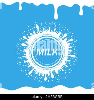 Pouring Milk Splash on Blue Background. White Creamy Liquid Drops. Fresh Farm Milky Flow Drink. Minimalist Poster Stock Vector