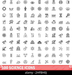 100 science icons set. Outline illustration of 100 science icons vector set isolated on white background Stock Vector