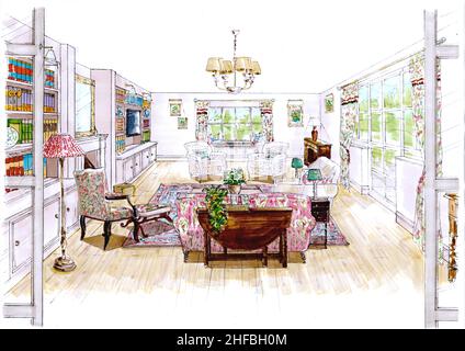 Sketch for a lounge/living room furnished in a traditional style. Stock Photo