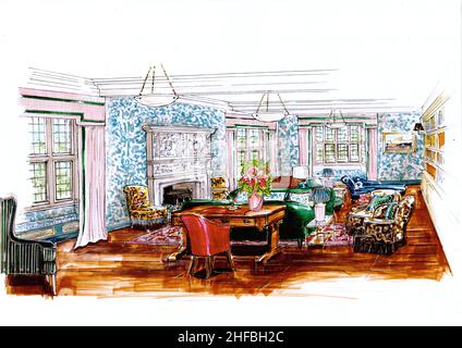 Sketch for a lounge/living room furnished in a traditional style. Stock Photo