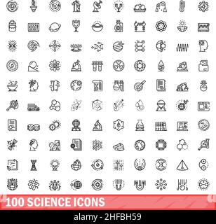 100 science icons set. Outline illustration of 100 science icons vector set isolated on white background Stock Vector