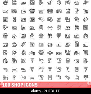 100 shop icons set. Outline illustration of 100 shop icons vector set isolated on white background Stock Vector