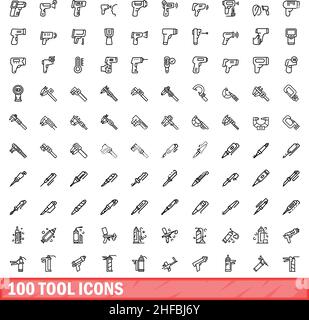 100 tool icons set. Outline illustration of 100 tool icons vector set isolated on white background Stock Vector