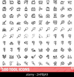 100 tool icons set. Outline illustration of 100 tool icons vector set isolated on white background Stock Vector