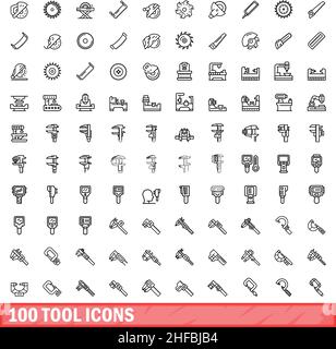 100 tool icons set. Outline illustration of 100 tool icons vector set isolated on white background Stock Vector