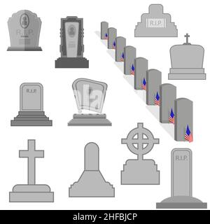 Grey Gravestone Icon Set Isolated on White Background. Flat Design Stock Vector