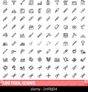 100 tool icons set. Outline illustration of 100 tool icons vector set isolated on white background Stock Vector