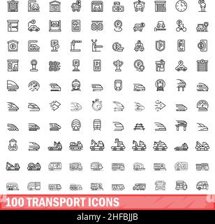 100 transport icons set. Outline illustration of 100 transport icons vector set isolated on white background Stock Vector