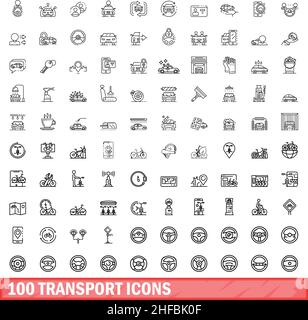 100 transport icons set. Outline illustration of 100 transport icons vector set isolated on white background Stock Vector
