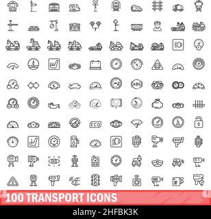 100 transport icons set. Outline illustration of 100 transport icons vector set isolated on white background Stock Vector